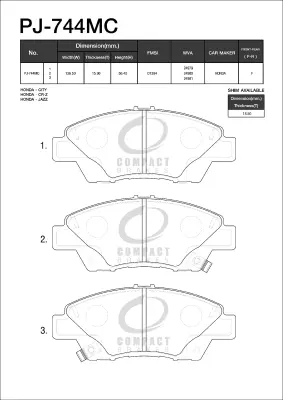 ผ้าเบรคหน้า COMPACT DCC-744 Honda City 2014-2019 / Jazz GK / City 2010-2013 ตัว S Compact